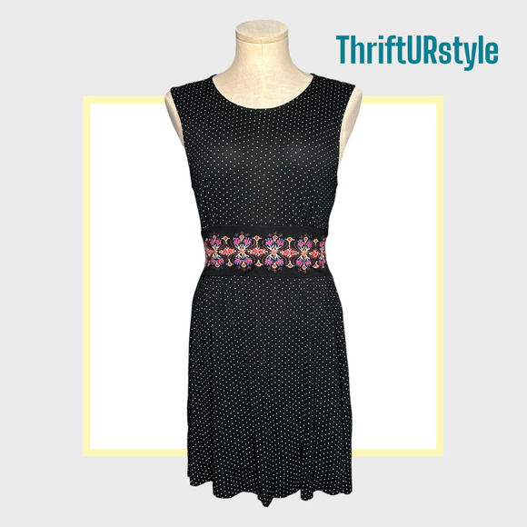 FREE PEOPLE Black Polka Dot Dress with Embroidered Sleeveless Small - Picture 1 of 11